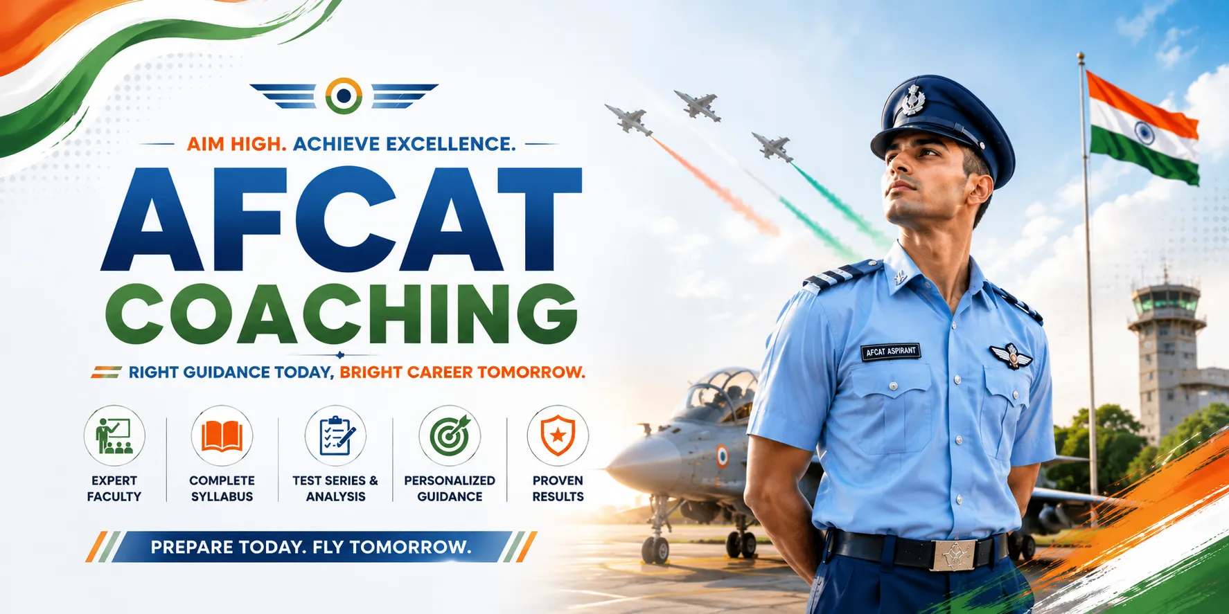 Professional AFCAT Coaching featuring an Indian Air Force aspirant in uniform with fighter jets, the Indian flag, and an airbase background promoting Air Force exam preparation.